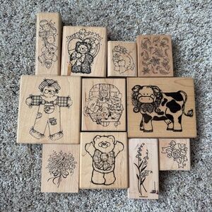 Lot Of 11 Rubber Stamps Scenes & Miscellaneous Other Images Cows Bears Floral